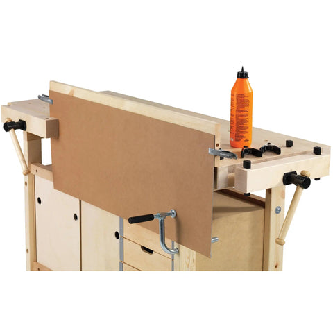 3/4 Inch Duo Nordic Holdfast Pair Heavy Duty Woodworking Bench Accessory with flat MDF and clamps for secure lumber holding.