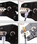Heavy Duty Ratcheting Crimping Tool With Interchangeable Jaws For Heat Shrink Connectors And Wire Terminals Complete Electrical Crimper Pliers Kit steps showing crimping process.