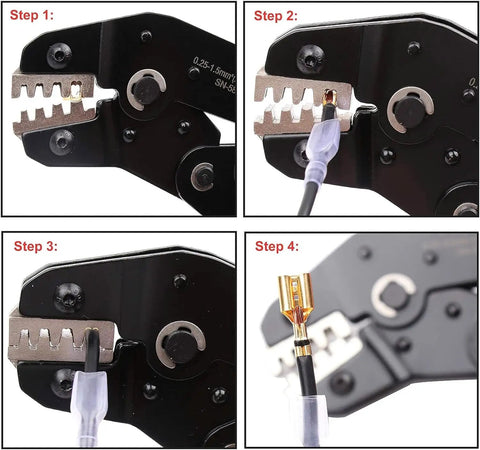 Heavy Duty Ratcheting Crimping Tool With Interchangeable Jaws For Heat Shrink Connectors And Wire Terminals Complete Electrical Crimper Pliers Kit steps showing crimping process.