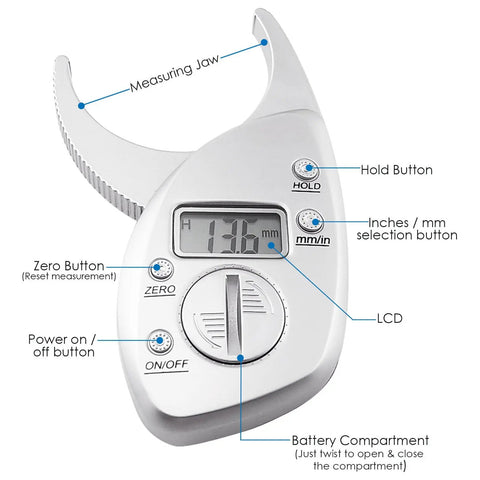 Portable Skinfold Caliper With LCD Screen For Easy Body Fat Measurement, Handheld Fitness Tool For Men And Women, showing buttons and display