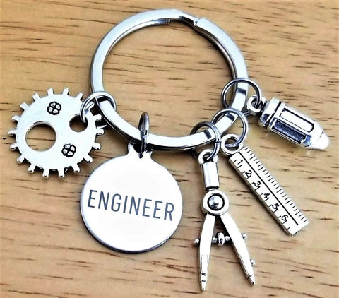 Techie Engineer Keychain For Mechanical Engineering Students And Teachers, Gear Ruler Compass Pencil Charms, Design Engineer Graduation Gift