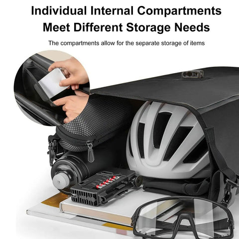 Open Rainproof Bike Rack Pannier Bag With Reflective Strips And Buckle, showing organized storage with helmet and accessories