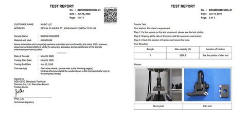 Test report showing Heavy Duty Swing Hangers Built Tough With Rust Proof Aluminum And A Badass 5000 Pound Hold during testing.