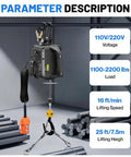 Heavy Duty 2200 lb Electric Hoist With Remotes, Portable Power Winch Crane For Garage And Workshop, 110V Motor, 25 Ft Lifting Height, Black displayed with specifications in workshop.