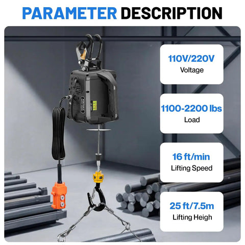 Heavy Duty 2200 lb Electric Hoist With Remotes, Portable Power Winch Crane For Garage And Workshop, 110V Motor, 25 Ft Lifting Height, Black displayed with specifications in workshop.