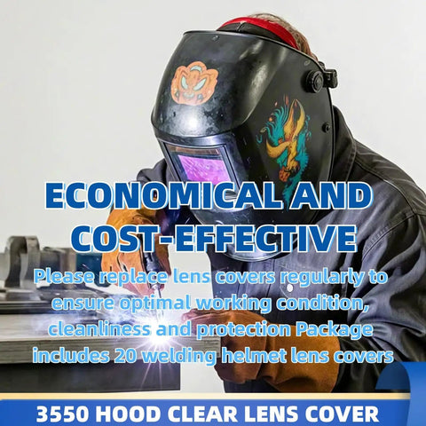 Image of a welder using a welding helmet with clear lens, showcasing the Twenty Pack Clear Replacement Welding Helmet Lenses Fits Lincoln Viking 3350 2450 750S 850S Standard Cut Pro Shop Ready Eye Shields No Sweat Fit Keeps Your Vision True And Projects Locked Safe.