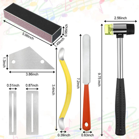 Seventeen Piece Guitar Luthier Tool Kit with Fret Crowning File, Rubber Hammer, Fret Rocker, and measuring dimensions