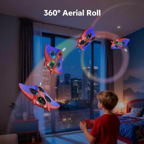 Child flying Kids RC Plane With Altitude Hold and One Button Takeoff and Landing 360 Degree Flips LED Lights indoors