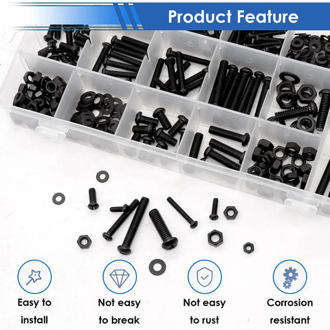 516-Piece Black Nuts And Bolts Kit With 21 Sizes M3 To M6 Screws Nuts And Flat Washers, Carbon Steel in a storage box