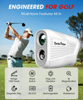 Pro Grade Golf Rangefinder With Slope And Magnetic Mount, 1300 Yard Range, golfer swinging with rangefinder and features displayed