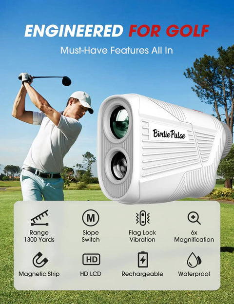 Pro Grade Golf Rangefinder With Slope And Magnetic Mount, 1300 Yard Range, golfer swinging with rangefinder and features displayed