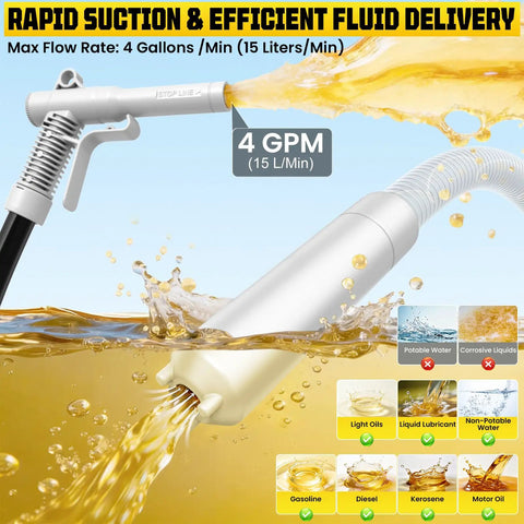Heavy Duty Portable Cordless Gasoline Transfer Pump With A Rapid Four Gallons Per Minute Flow pouring liquid efficiently.