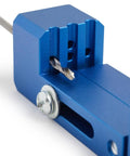 Close-up of a blue aluminum Derby Car Drill Jig For Precise Axle Holes Create Straight Or 2.5 Degree Angled Holes And Raised Wheel Holes.