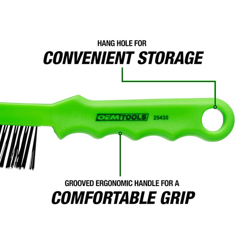 Slim Steel Wire Brush For Brake Calipers With Angled Head For Tight Spots And Rust Removal, green molded handle close-up
