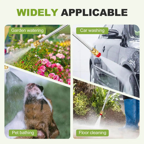 Power Washer Wand For Garden Hose With Three Interchangeable Nozzles Built For Cars Patios And Outdoor Cleanup From Light Mist To Heavy Power Spray Plus Adjustable Linear Columnar And Fan Patterns Grey Set shown watering garden, washing car, bathing pet, and cleaning floor.