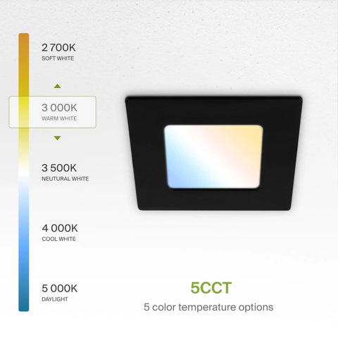 Six Pack 3 Inch Square LED Recessed Ceiling Lights With Five Color Temperatures 2700K To 5000K CRI90 Plus Dimmable Ultra Slim Canless Wafer Downlight With J Box 6W 30W Equivalent UL Energy Star Black