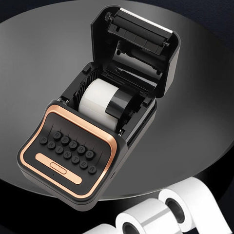 Cool Retro Label Printer With Bluetooth 5.0 Connectivity And Compact Design Perfect For Home Office Organization Tasks features inkless thermal printing technology and visible paper roll.