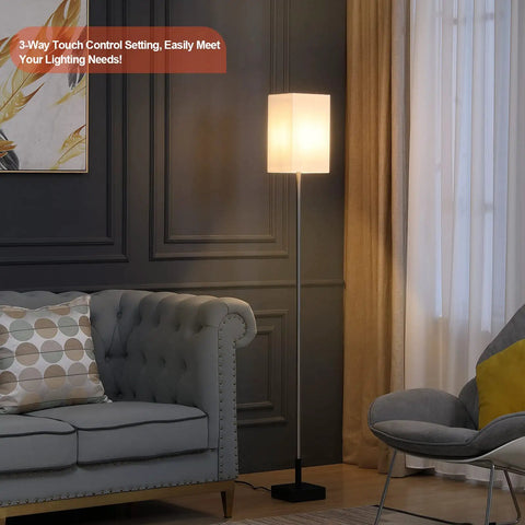 Tall Floor Lamp With Linen Shade For Living Room And Bedroom - Modern Standing Light in a cozy living room setting