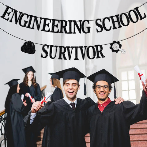 Future Engineer Graduation Banner And Congrats Engineer Sign Set For Engineering School Parties with graduates holding diplomas.