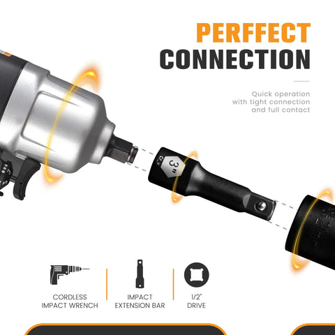 Half Inch Drive Impact Extension Bar Set For Socket Extensions, 3 Piece, shown with wrench connected for torque application
