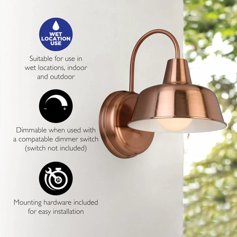 Farmhouse Gooseneck Barn Light For Outdoor Porch And Patio Copper Paint Finish 8 Inch Diameter Hardwired Exterior Wall Light One Pack Classic Shepherds Hook Arm