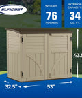 Horizontal Outdoor Storage Shed For Trash Cans And Gear, Compact 34 Cu Ft Capacity, Lockable Multi Wall Resin Organizer In Sand And Slate