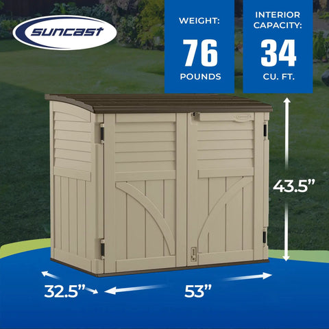 Horizontal Outdoor Storage Shed For Trash Cans And Gear, Compact 34 Cu Ft Capacity, Lockable Multi Wall Resin Organizer In Sand And Slate