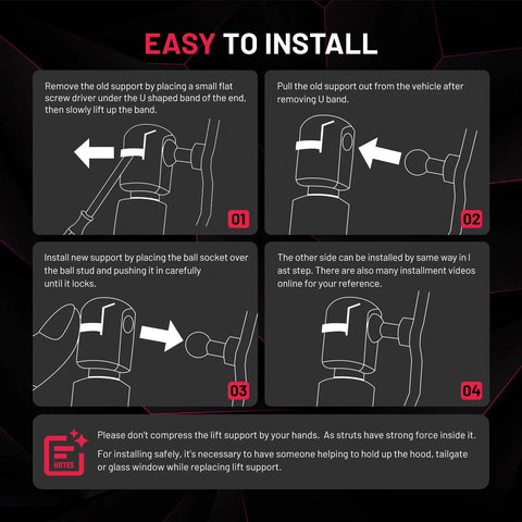 Installation guide instructions for Road Ready Heavy Duty 12 Inch Gas Shock Struts 30 Lb Force Lift Supports, showing four steps.