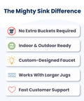 The Mighty Sink Difference highlights features of Real Deal Portable Sink With Genuine Running Water For Camping Van Life.