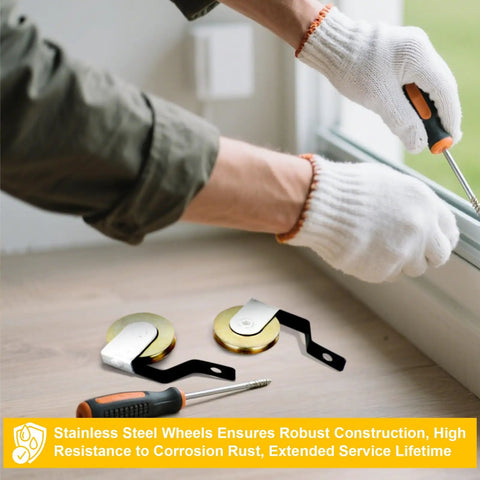 Heavy Duty 4 Pack Sliding Screen Door Rollers Glides Like Butter With Silent 1 Inch Steel Ball Bearings Perfect Fit Replaces B638 B687 B639 B756 Ditch The Squeaks Fast Top And Bottom Replacement Set being installed with a screwdriver.