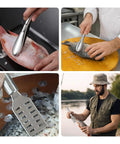 Four Piece Stainless Steel Fish Scaler Set With Serrated Blade Design in use, showcasing versatility for kitchen and outdoor scaling.