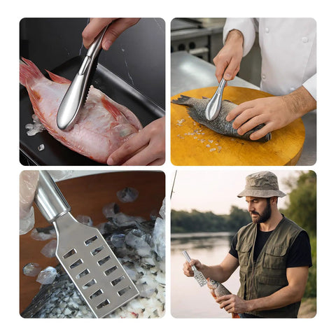 Four Piece Stainless Steel Fish Scaler Set With Serrated Blade Design in use, showcasing versatility for kitchen and outdoor scaling.