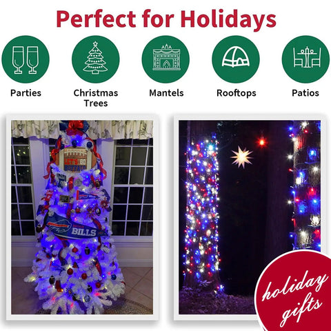 Patriotic String Lights Kit With Red White Blue Mini Lights On White Wire, 19.6 Feet, 100 Count, decorating a tree and outdoor patio
