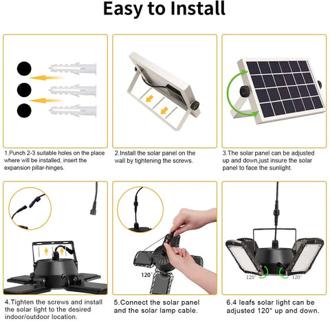 Installation steps for Solar Shed Light 176 LED 4 In 1 Heads Motion Sensor Security Lamp with remote instructions