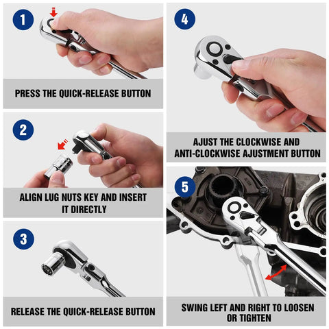 Steps to use Extra Long Three Eighths Inch Drive Flex Head Ratchet With Eighteen Inch Reach Quick Release CR V Steel Handle