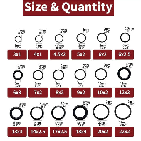 Size chart of Two Box O Ring Set With 510 Pieces Total 18 Size Metric NBR Rubber Gasket Sealing Kit For Plumbing Faucets Automotive Air Or Gas Systems Versatile Assortment For Repairs And DIY Projects