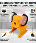 Top Shelf Mini Bench Grinder With 18V Compatible Battery For Precision Sharpening And Metal Polishing Portable Workstand showing dual grinding wheels.