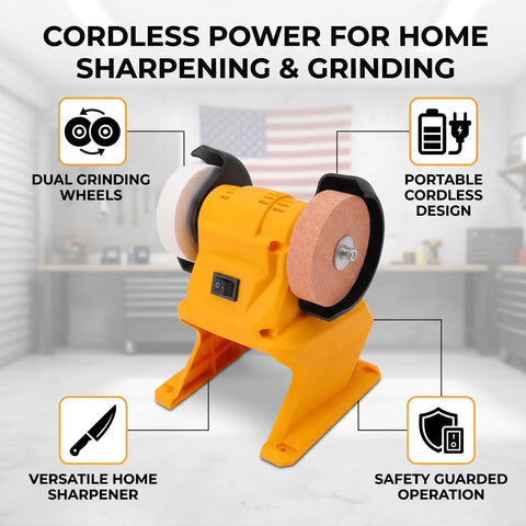Top Shelf Mini Bench Grinder With 18V Compatible Battery For Precision Sharpening And Metal Polishing Portable Workstand showing dual grinding wheels.