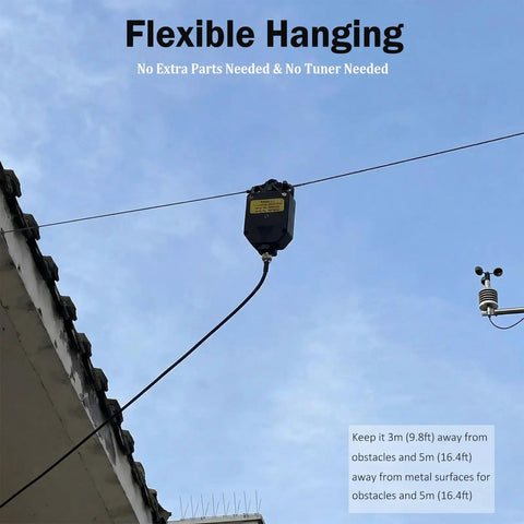 150W End Fed Half Wave Ham Radio Antenna hanging outdoors with long wire design, suitable for portable POTA SOTA activations.