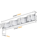 Diagram of 4 Light LED Bathroom Vanity Light 33.5 Inch Chrome Finish with size measurements and transparent acrylic lampshades.