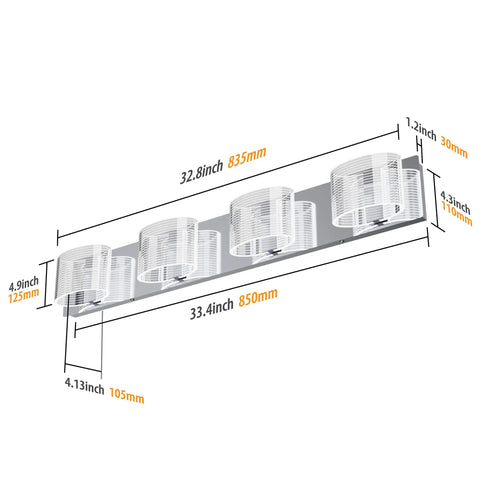 Diagram of 4 Light LED Bathroom Vanity Light 33.5 Inch Chrome Finish with size measurements and transparent acrylic lampshades.