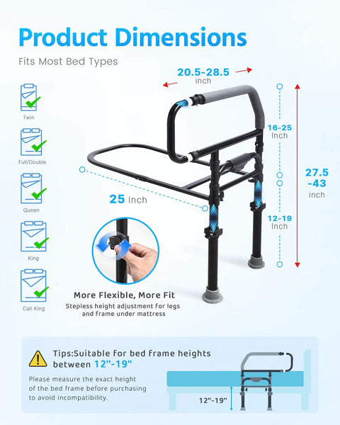 Bedside Safety Rail for Seniors and Recovery Adjustable Bed Assist Rail dimensions and fitting guide for various bed sizes