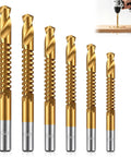 Six Piece HSS Twist Drill Bit Set Titanium Coated Workhorse For Woodworking And Sheet Metal Drilling Precision Ground bits in various sizes.