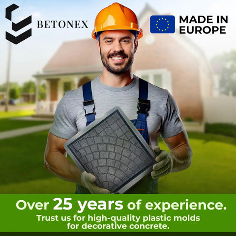 DIY Concrete Patio Paver Molds Large Cobblestone Pathmaker Mold held by worker in outdoor setting, showcasing design and durability.