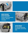 Universal Electric AC Compressor Kit With Quick Connect Hoses for Pickups Sedans and Campers. Side view showcasing aluminum block design.