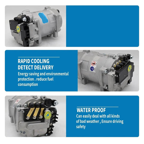 Universal Electric AC Compressor Kit With Quick Connect Hoses for Pickups Sedans and Campers. Side view showcasing aluminum block design.