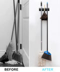 Before and after of wall mount mop and broom holder with 3 slots and 4 hooks, organizing tools in a compact space