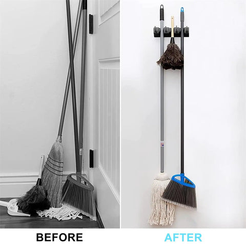 Before and after of wall mount mop and broom holder with 3 slots and 4 hooks, organizing tools in a compact space