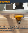 Rail Coping Sled Kit for clean, precise woodworking joints featuring a 3/8 inch radius roundover router bit on wood edge