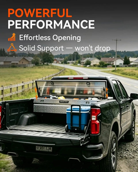 Truck with open toolbox supported by 10 Inch 40 Lb Gas Struts Set Of 2 For Truck Tool Box Heavy Duty Lift Assist Shocks OEM Direct Replacement.